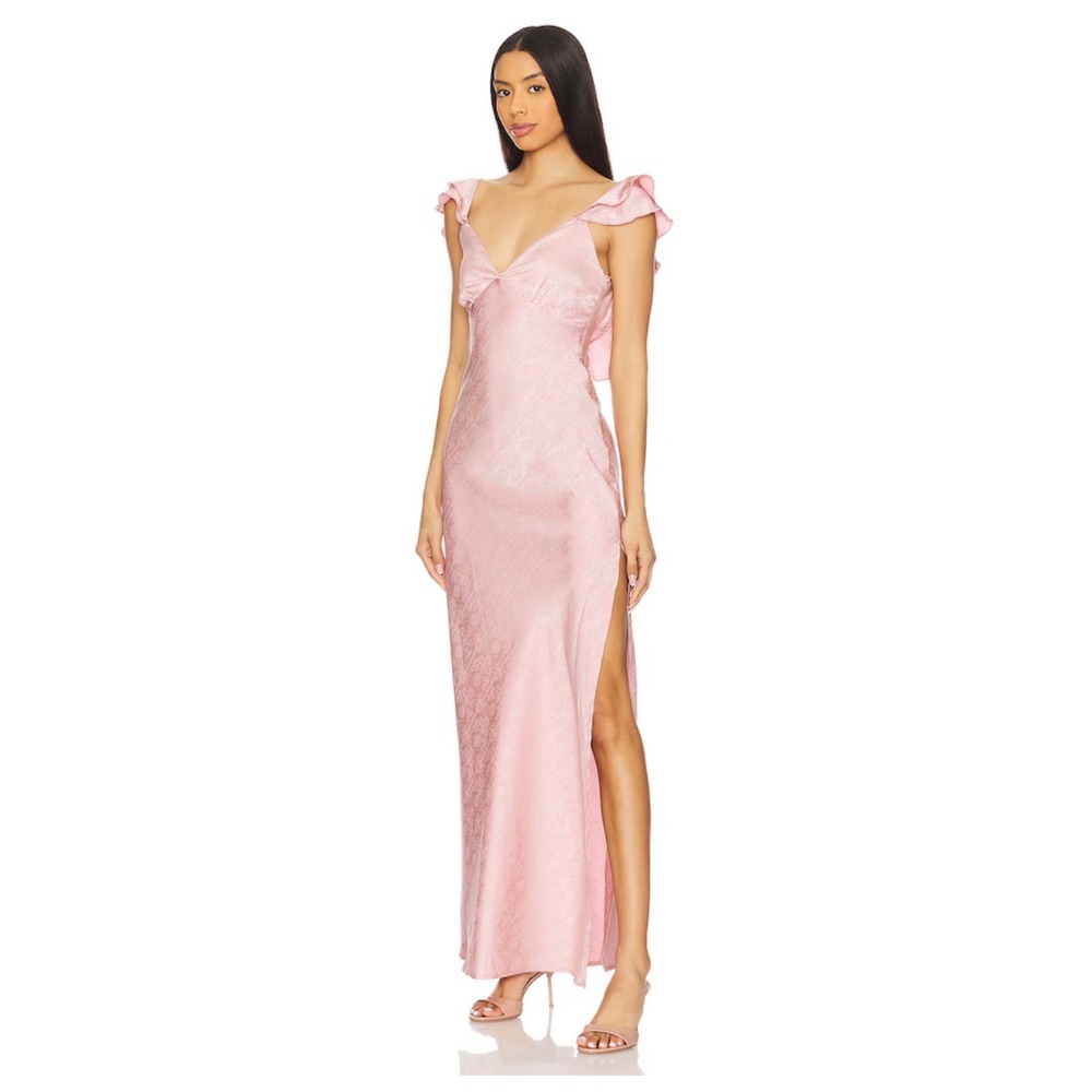 NWT More To Come Revolve Becky Ruffle Satin Jacquard Maxi Dress Dusty Pink Small - Picture 2 of 12